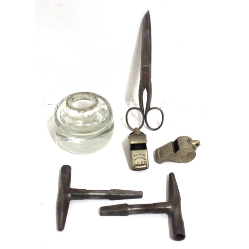 566 - LNER & BR(E) staff whistles (working), GCR scissors, GER glass inkwell (etched), NER/LNER carriage k... 