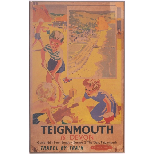 578 - BR(W) double royal poster, Teignmouth Is Devon, featuring children on the beach and an aerial view o... 