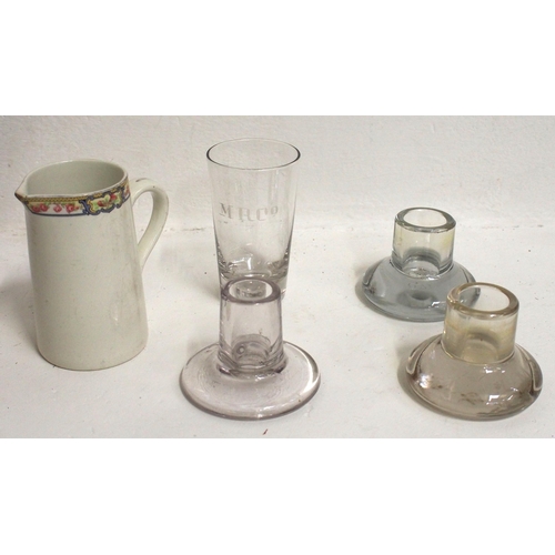 591 - Selection of china & glassware - LNER Keswick milk jug (Meakin), MR Co glass, LMS glass etched inkwe... 