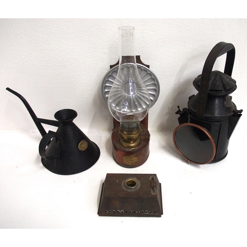 596 - LNER conical oil lamp (good), C Collins B'Ham handlamp with lever operated internal lenses & rape oi... 