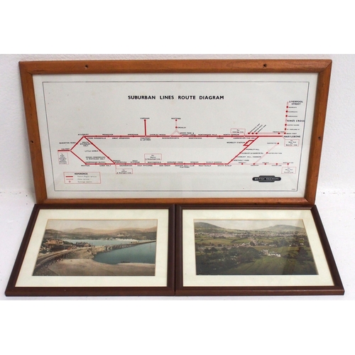 609 - BR 1953 issue framed & glazed carriage map of Suburban Lines from Marylebone & Liverpool St, in good... 