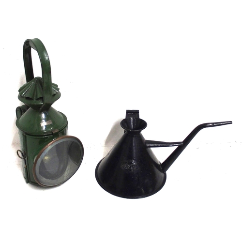 654 - LNER 3 aspect handlamp complete, NER conical oil pourer in good condition. (2) (B1) (Dispatch by Mai... 