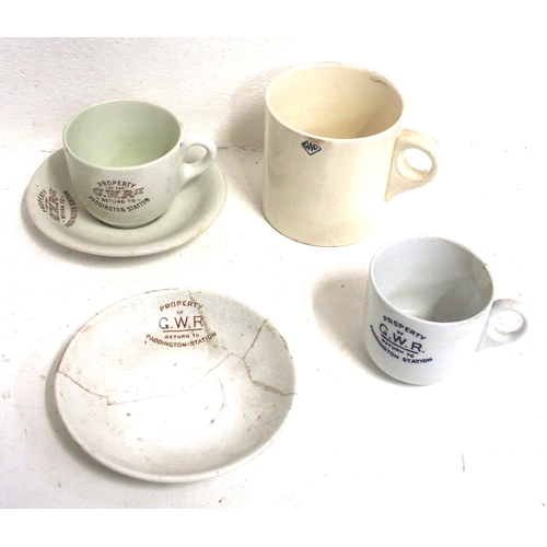 690 - GWR table china - 1 Pint mug (diamond logo), teacup (restored) & saucer, teacup & saucer (both resto... 