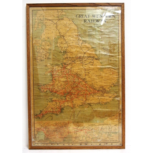 722 - GWR linin system map in glazed frame (originally would have been on a hanging roller) 26½