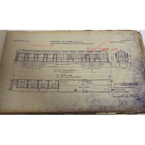 734 - LNER Coaching official stock diagrams ledger up to July 1941, a mass of information in plan format o... 