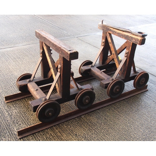 743 - SE&CR two 4 wheeled pitch pine workshop rail mounted trolleys ex Carpenters Shop Ashford Works, timb... 