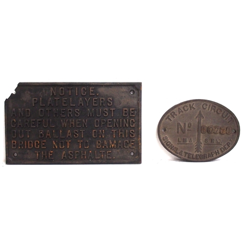 768 - GWR C/I Platelayers notice (missing top L/H corner)  & LMS Track Circuit plate. (3) (PALL) (Dispatch... 