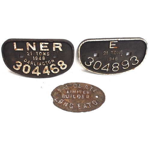 777 - D C/I wagonplates - E 21T 1948 304893, LNER 21T 1948 DARLINGTON 304468, SJ Clay Builders Long Eaton.... 