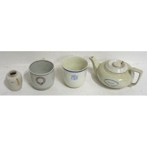 794 - LNER Refreshment Dept. teapot, small milk/cream pot, brown garter teacup (Minton) & blue script teac... 