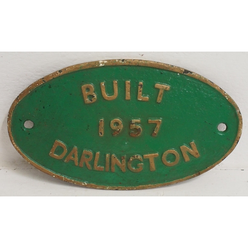 BR C/I locomotive worksplate "BUILT 1957 DARLINGTON" original back, locomotives built that year were Standard Class 2s & diesel 0-6-0s. (A2) (Dispatch by Mailboxes/Collect from Banbury Depot)