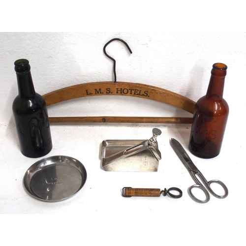 825 - Miscellaneous items - LMS Hotels beer bottles (green & brown), LMS ashtray, LMS Hotels beer bottle o... 