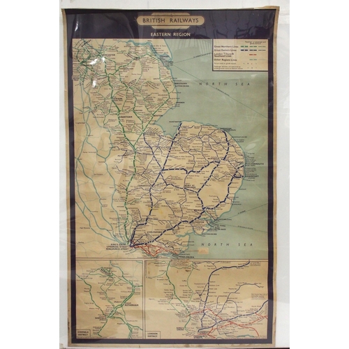 834 - BR(E) poster map of the Eastern Region published December 1957, rolled good condition, little staini... 