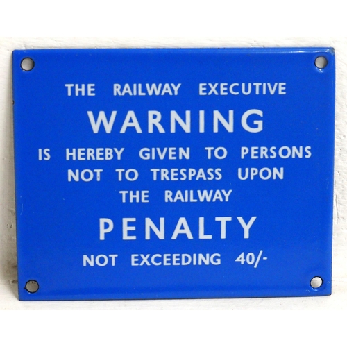 88 - BR(Sc) enamel Railway Executive Trespass notice, 4 7/8