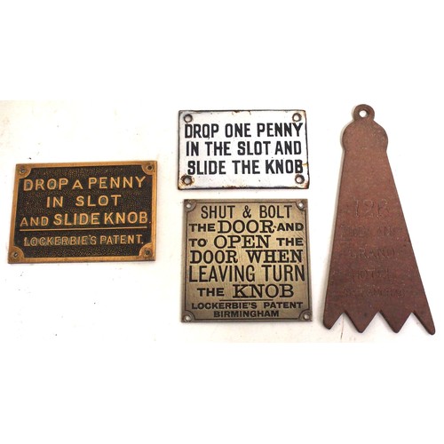 547 - Selection of Victorian/Edwardian toilet door small signs. enamel, engraved & cast brass, fibre 