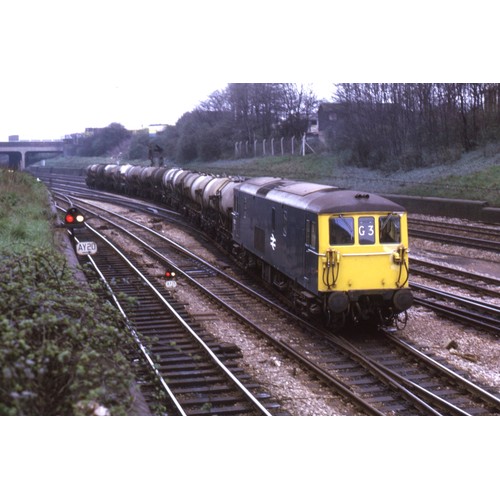 753 - Selection in case of colour 35mm slides in mounts featuring mainly BR 1970s & 80s Diesel & Electric ... 