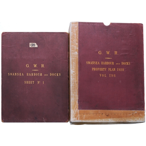 A five volume set of GWR plans, SWANSEA HARBOUR & DOCKS, incredibly details, each 42½"x28", No 5 42½"x17½". The plans are hand-coloured and exceptionally detailed, showing track layout, signals, boundary posts, buildings and recording all changes in land ownership. They are generally known as terrier maps. Cloth-backed, gilt titled cloth boards, in matching slipcase, condition excellent other than tape repairs to part of sheet one. (Collect from Banbury Depot/Posted by Woodford Halse Office)