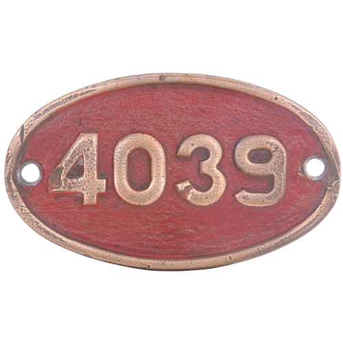 A South African Railways tenderplate, 4039, from a GMA Class Garrett locomotive. Cast brass, 7"x4¼", the front repainted. (Collect from Banbury Depot/Posted by Woodford Halse Office)