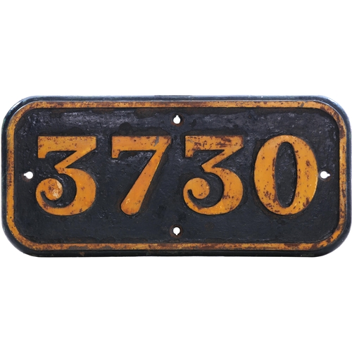 A GWR cabside numberplate, 3730, from a 8750 Class 0-6-0PT built at Swindon in July 1937. Its BR sheds included Cardiff East Dock and Abercynon from where it was withdrawn in November 1964 and sold for scrap to Hayes at Bridgend. Cast iron, ex loco condition. (Dispatch by Mailboxes/Collect from Banbury Depot)