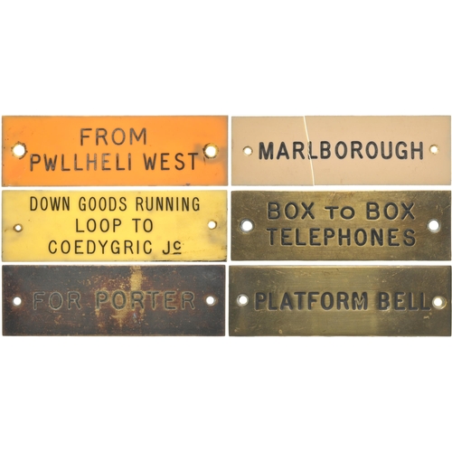 480 - A group of GWR signal box shelf plates, (a) PLATFORM BELL, (b) BOX TO BOX TELEPHONES, (f) FOR PORTER... 