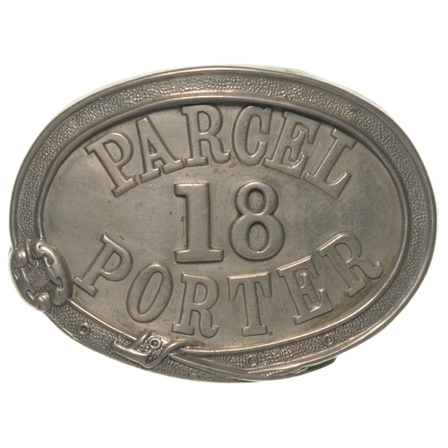 481 - A London and North Western Railway cap badge, PARCEL PORTER, 18, used at Birmingham New Street. Embo... 