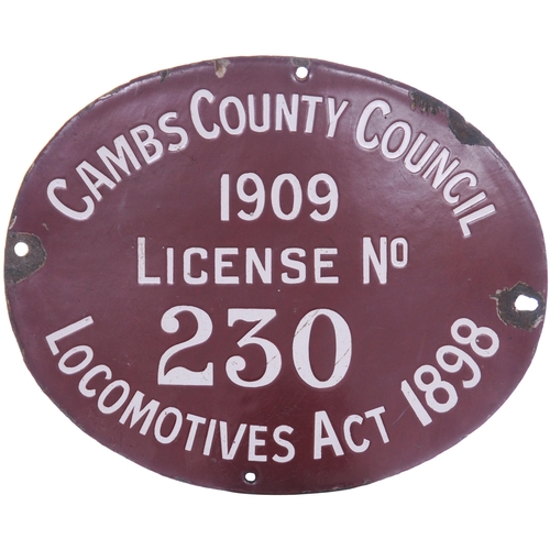 486 - A traction engine registration plate, CAMBS COUNTRY COUNCIL, LOCOMOTIVES ACT 1898, LICENSE No 230, 1... 