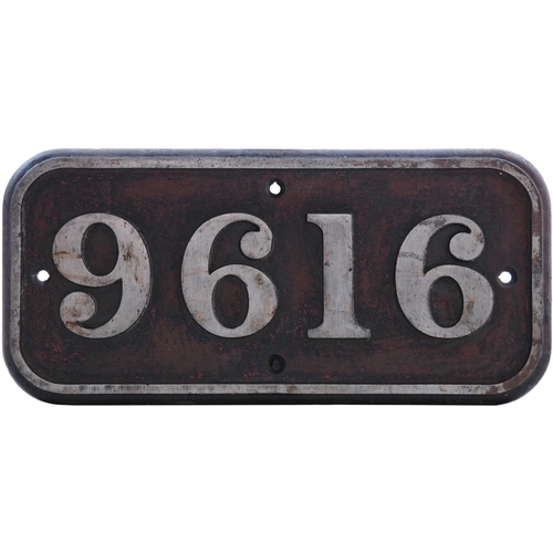 63 - A GWR cabside numberplate, 9616, from a 8750 Class 0-6-0PT built at Swindon in April 1942. A long ti... 