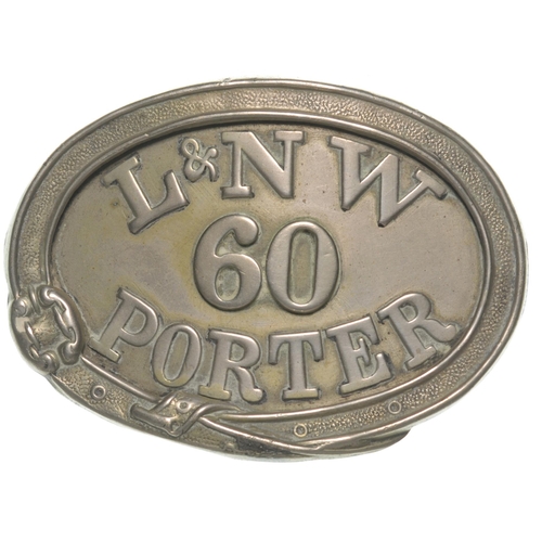 67 - A London and North Western Railway cap badge, L&NW, PORTER, 60, embossed nickel, within belted garte... 