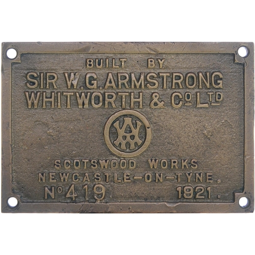 72 - A worksplate, ARMSTRONG WHITWORTH, 419, 1921, from a Midland Railway 3835 Class 0-6-0 No 3940, retai... 