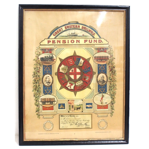 126 - GER illuminated Pension Fund certificate in original glazed frame in the name of William Bunded 1889... 