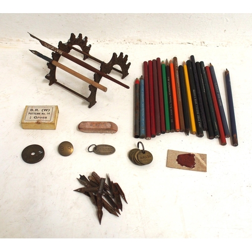 146 - C/I pen desk stand, LNER & BR(E) ink pens, nibs, Company pencils (mostly unused) inc. GNR, GWR,LMS,B... 