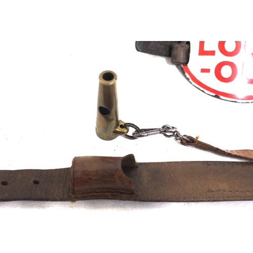 172 - LNWR leather uniform strap with whistle pouch on leather strap, brass whistle (working) engraved LNW... 