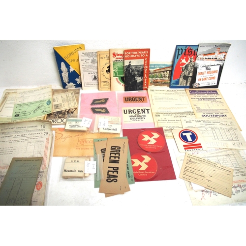 224 - Huge delve of miscellaneous paperwork, labels, certificates, tickets (GWR Halves), maps, guides, col... 