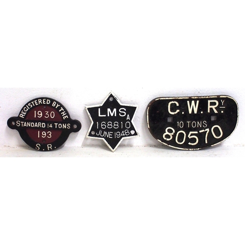 230 - C/I wagonplates - GWR 10T 80570, SR registration 14T 193 1933, LMS tank wagon 168810 1948. (3) (B3) ... 