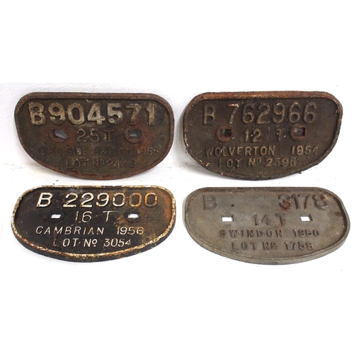 235 - Four BR C/I D wagonplates - B904571 25T TEES SIDE B&E CO 1955 LOT NO 2449, B762966 12T WOLVERTON 195... 