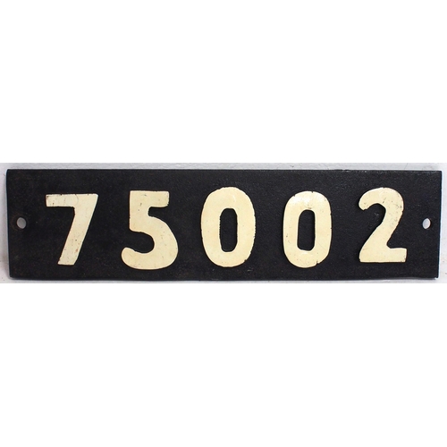 254 - Replacement smokebox numberplate, 75002, a thick steel backplate with numbers riveted from the rear,... 