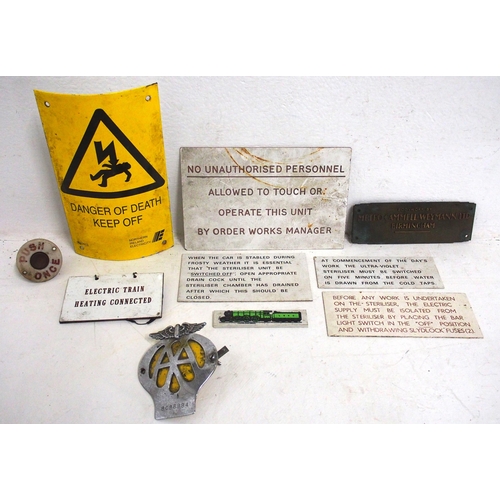 261 - Quantity of small signage etc including Bus bell push, Metro Cammell Weymann Ltd cast brass coach ma... 