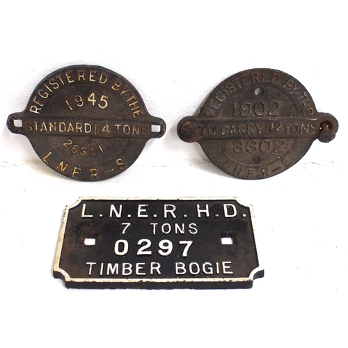 266 - Three LNER C/I wagonplates - Private Owner 1902 12T 3302, 1945 14T 28311, LNER HD 7 Tons 0297 Timber... 