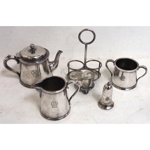 269 - GWR Hotels silverplate - Roundel - 1 Pint teapot, sugar bowl & milk jug, all with crisp engraving, c... 