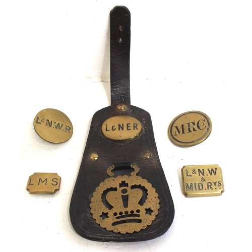 270 - Collection of hose brasses - L&NWR, MR Co, L&NW & MID RYS, LMS, & LNER still mounted on leather with... 