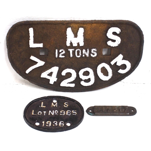 288 - LMS C/I D wagonplate 12T 742903, LMS rolling stock plate Lot 965 1936 & brass trolley plate M479217.... 