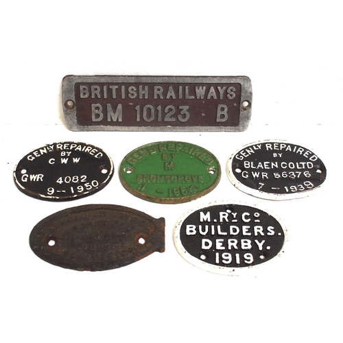 293 - Wagonplates - MR Builder 1919, small GRCW, Gen Repair GWR 1950, Gen repair Bromsgrove (brass), Gen r... 