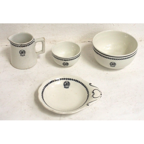 300 - GWR Hotels black leaf roundel table china - sugar bowl, small bowl, cream jug & butter dish - all in... 