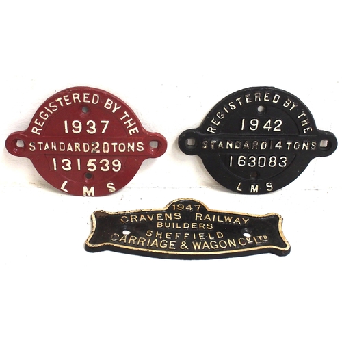 328 - LMS C/I wagon registration plates - 1937 20T 131539, 1942 14T 163083, Cravens Railway Builders plate... 