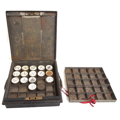 350 - GWR tinplate pay check carrying tin with original brass stamped lock & key containing two trays & 16... 