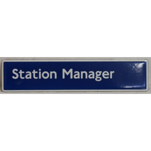 London Transport enamel door plate "STATION MANAGER", 9"x 2", very good condition. (B2) (Dispatch by Mailboxes/Collect from Banbury Depot)