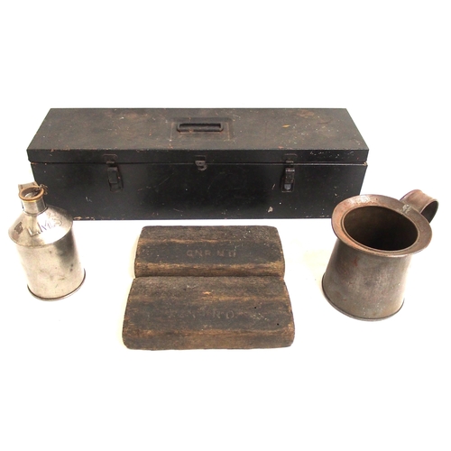 410 - Miscellaneous items - GWR 1/4 gallon oil pourer (good), LMS small oil can (embossed) with cap (good)... 