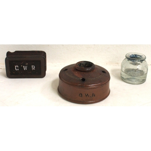 419 - GWR office items - GWR glass inkwell (no stopper), GWR earthenware inkwell, GWR C/I paperweight (nic... 