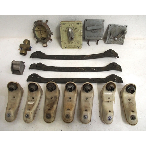 492 - Box of carriage fittings, L&Y, LMS & LNER noted, includes three ornate cast brass escutcheons. (C4X)... 