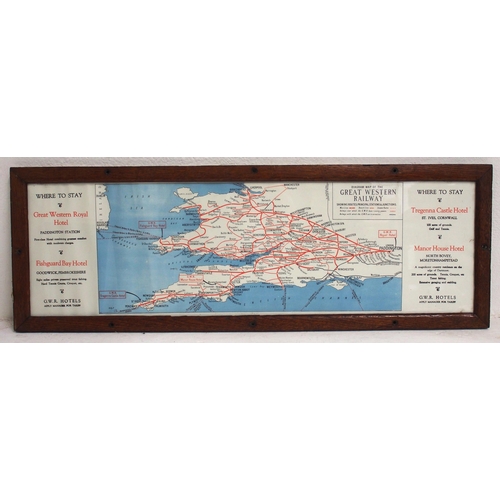 539 - GWR Map and hotels carriage panel advertisement 1930s. 28 x 9