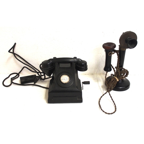 569 - Candlestick telephone ex Christchurch Station & T.E.L desk telephone with side magneto crank handle ... 